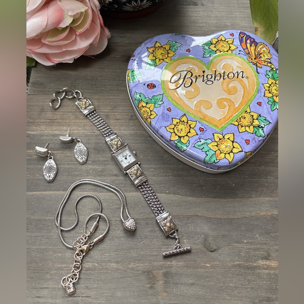 Lot of Brighton Jewelry Necklace, Watch, Earrings and Tin